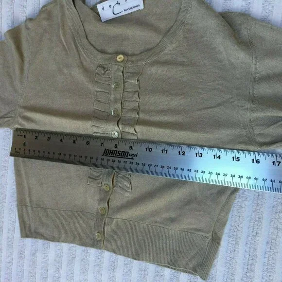Debra C Beverly Hills Cardigan Sweater Ruffle Front Cropped Tan Size Medium Silk